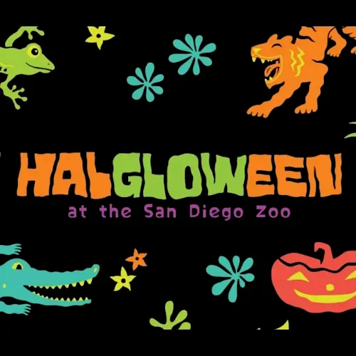 The image is a Halloween-themed “HALLOWEEN at the San Diego Zoo” graphic featuring colorful cartoon animals like a crocodile.
