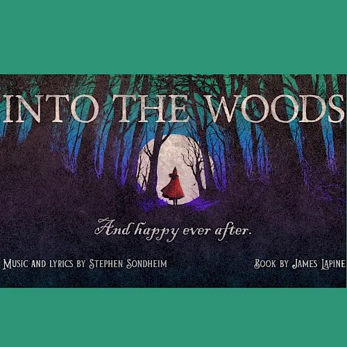 A dark fairytale poster for “Into the Woods,” showing a red hooded figure in a forest and the line “And happy ever after.”.