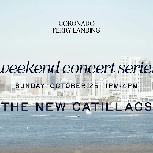 A city waterfront flyer for the Coronado Ferry Landing “Weekend Concert Series: The New Catillacs,” Sunday Oct 25, 1–4 PM.