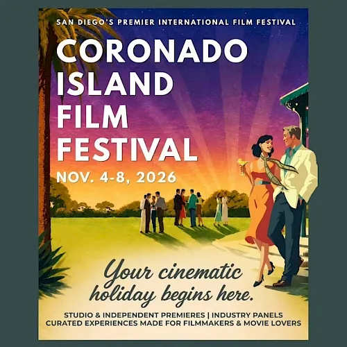 Poster for Coronado Island Film Festival in San Diego, Nov 4–8, 2026, with premieres, industry panels, and curated experiences.