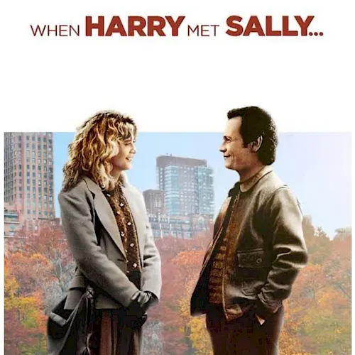 A poster-like image from “When Harry Met Sally,” showing Harry and Sally facing each other in a city park in autumn.