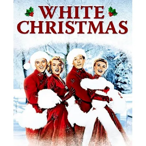 A vintage card reads “White Christmas” with four people in red winter outfits posing in snowy landscape with holly.