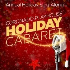 Promotional poster: Coronado Playhouse Holiday Cabaret, Annual Holiday Sing Along, with vintage gold microphone on red starry background.