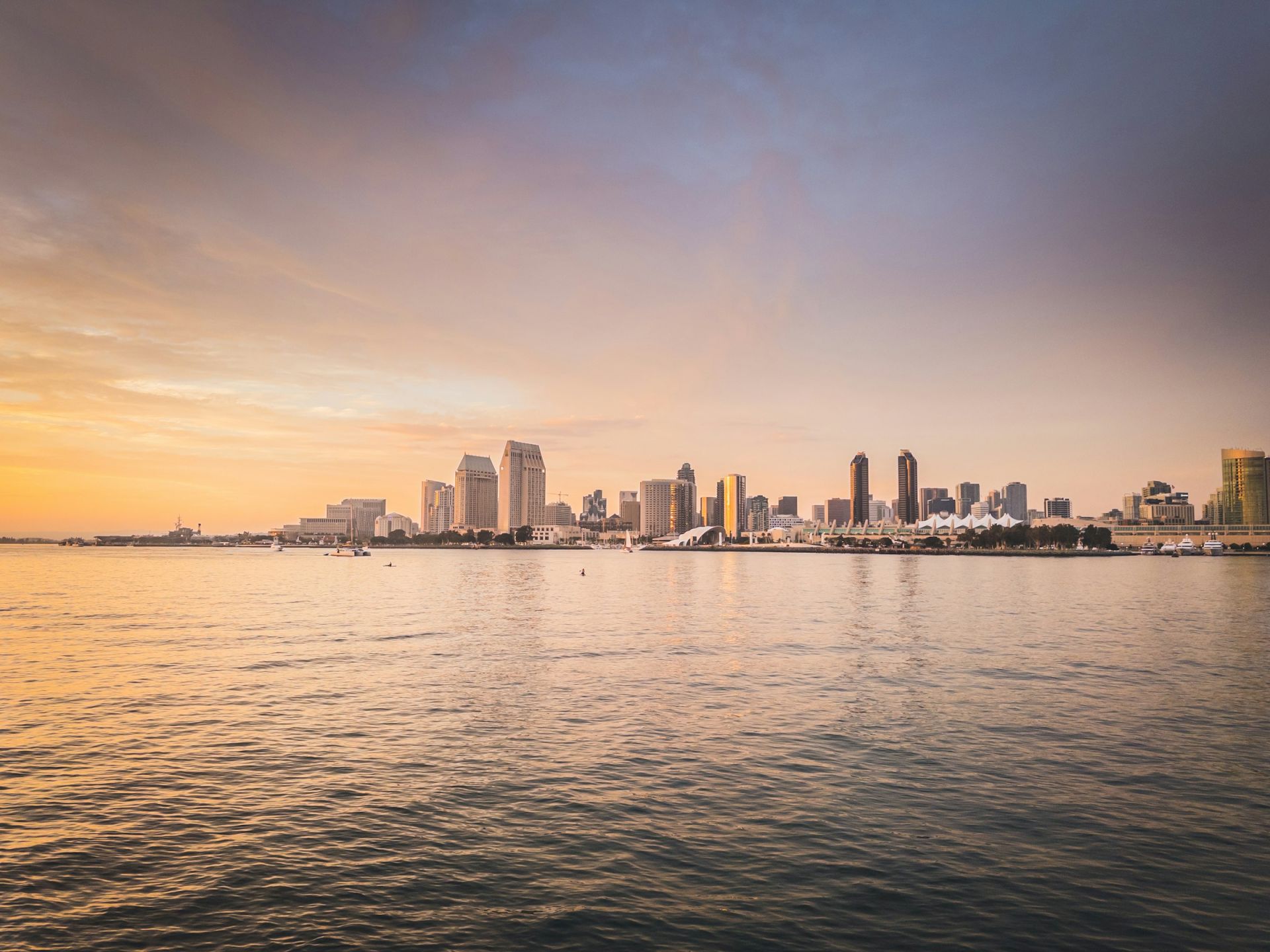 Sunset over the downtown San Diego skyline seen across the bay from Coronado